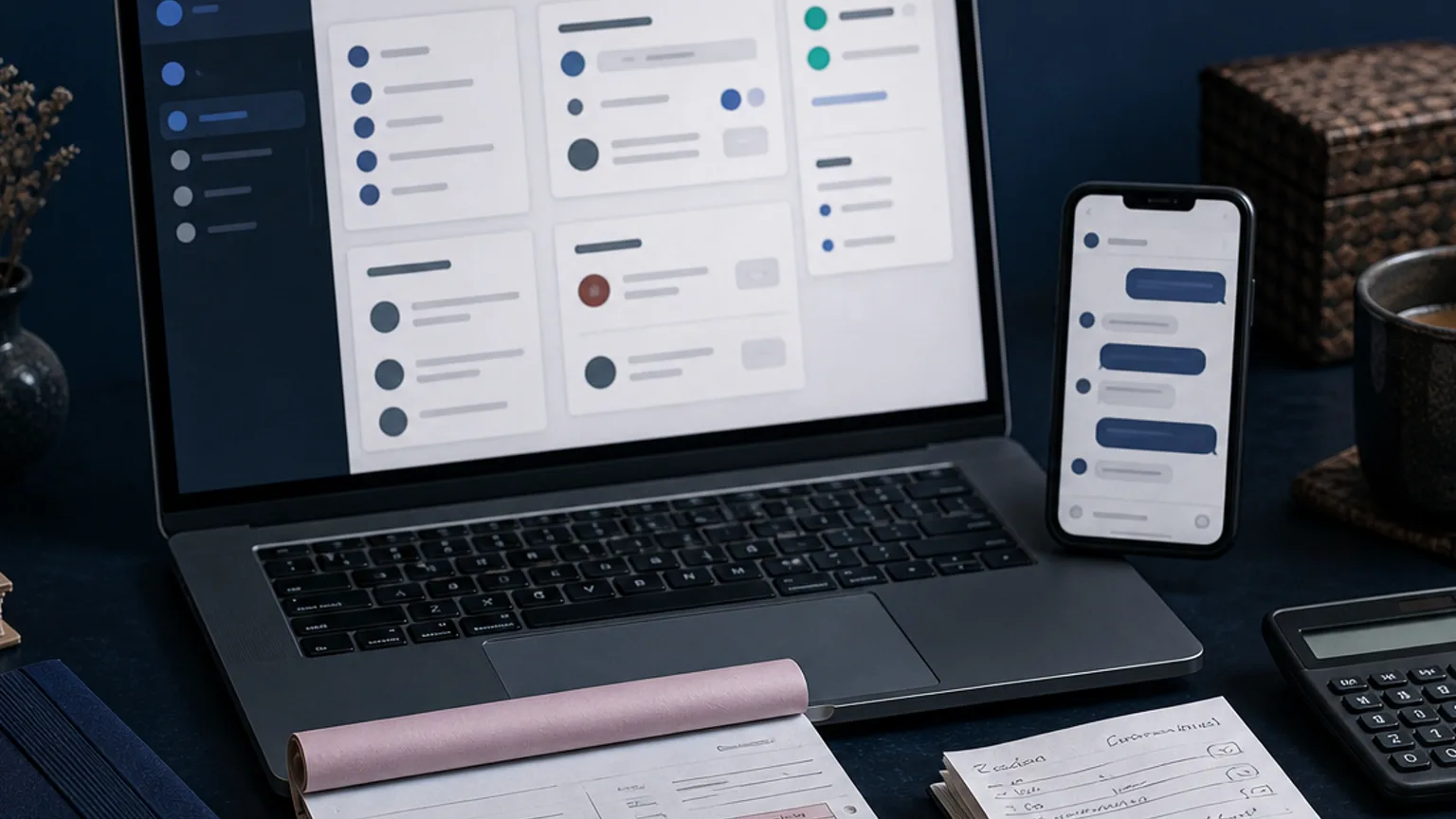 Close-up of roadmap, CRM cards, and revenue notes