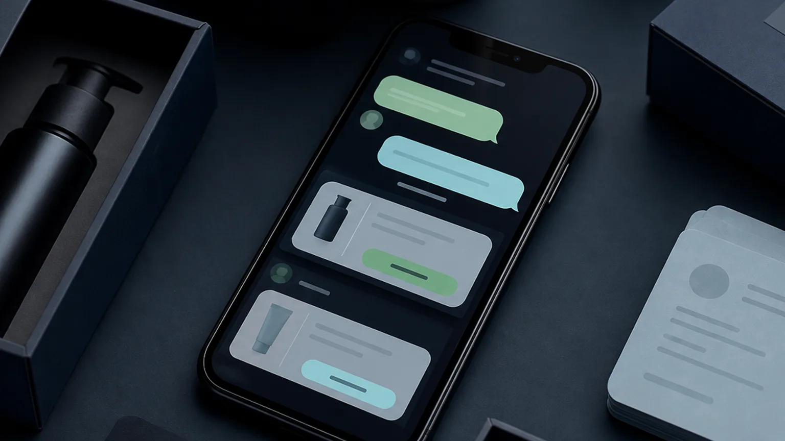Close-up of phone, reorder cards, and CRM notes
